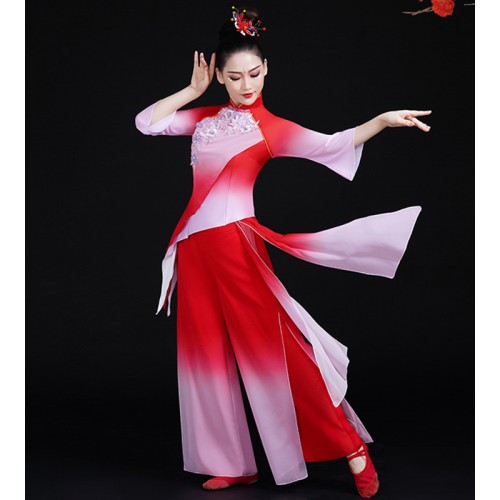 Red Pink Gradient Chinese folk Dance Yangge costume Chinese wind northeast fan Umbrella dance Dress Jiaozhou Yangko dance Suit for Women Girls art exam
